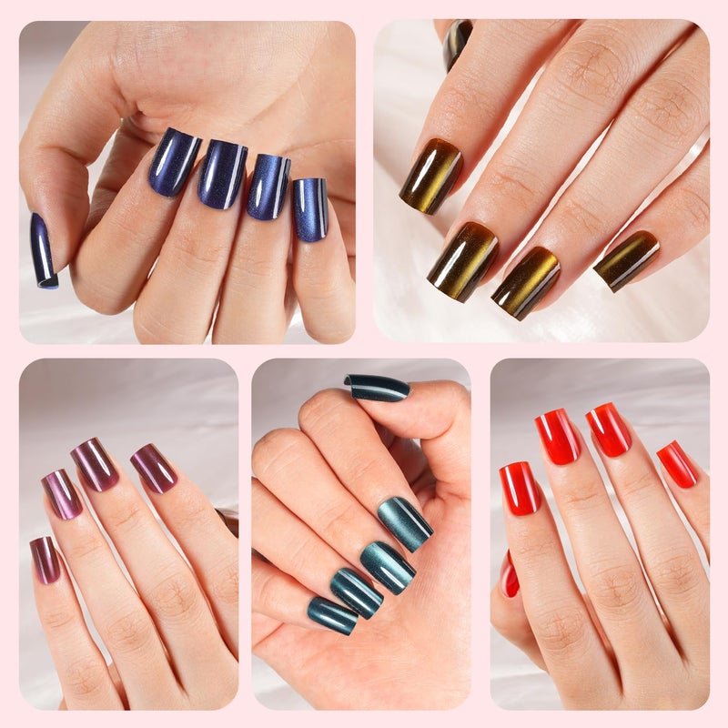 Plauva 150Pcs Cat Eye Press on Nails, XS Short Aquare Fake Nails, Glossy Glitter Cat Eye Nail Tips, Soft Gel Stick On Nails for Women and Girls 15 Sizes - Image 4